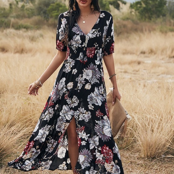 Floral Smocked Waist Tassel Tie Slit Dress - Picture 1 of 9